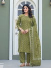 Mehendi Colour Cotton Blend With Print Kurti With Pant Dupatta Wholesale Market In Surat Aaradhna 2029